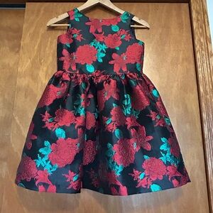 Girls' Black Floral Jacquard Holiday Party Dress in Red and Teal